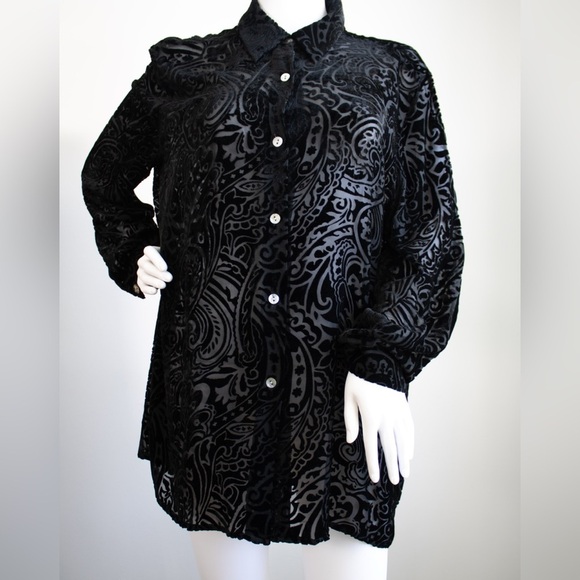 Spenser Jeremy Silk Burnout Button Down Collar Long Sleeve Women Black Blouse L - Picture 1 of 8